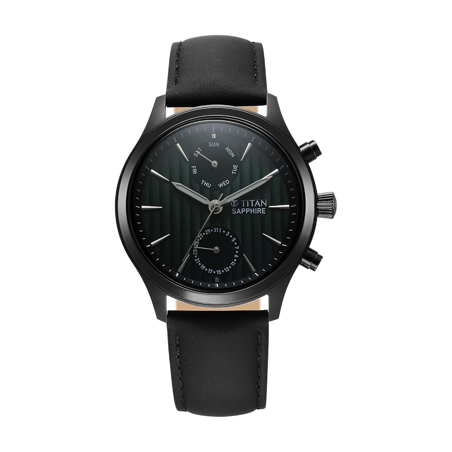 Titan Sapphire Quartz Multifunction Green Dial Black Leather Strap Watch for Men - NT1874NL01