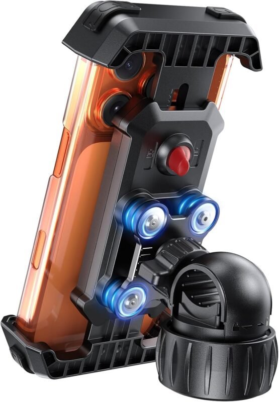 Carlizem Bike Phone Holder Mount for Motorcycle, Scooty & Cycle Handlebar | 360° Rotation Mobile Holder with Shock Absorption, Secure Switch Lock & Cushion Pads | Compatible with All Smartphones