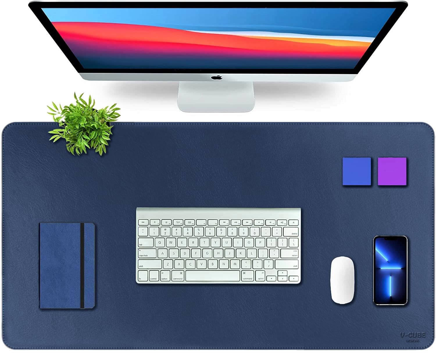 V-CUBE DESIGNS Premium Vegan Leather Desk Mat 90X45cm 2.4mm Thick&Padded|Laptop Mat/Extended Mouse Pad/Stitched, Reversible, Sturdy Deskspread with High Tear/Peel Strength|Anti-Slip,Splash-Proof|Blue