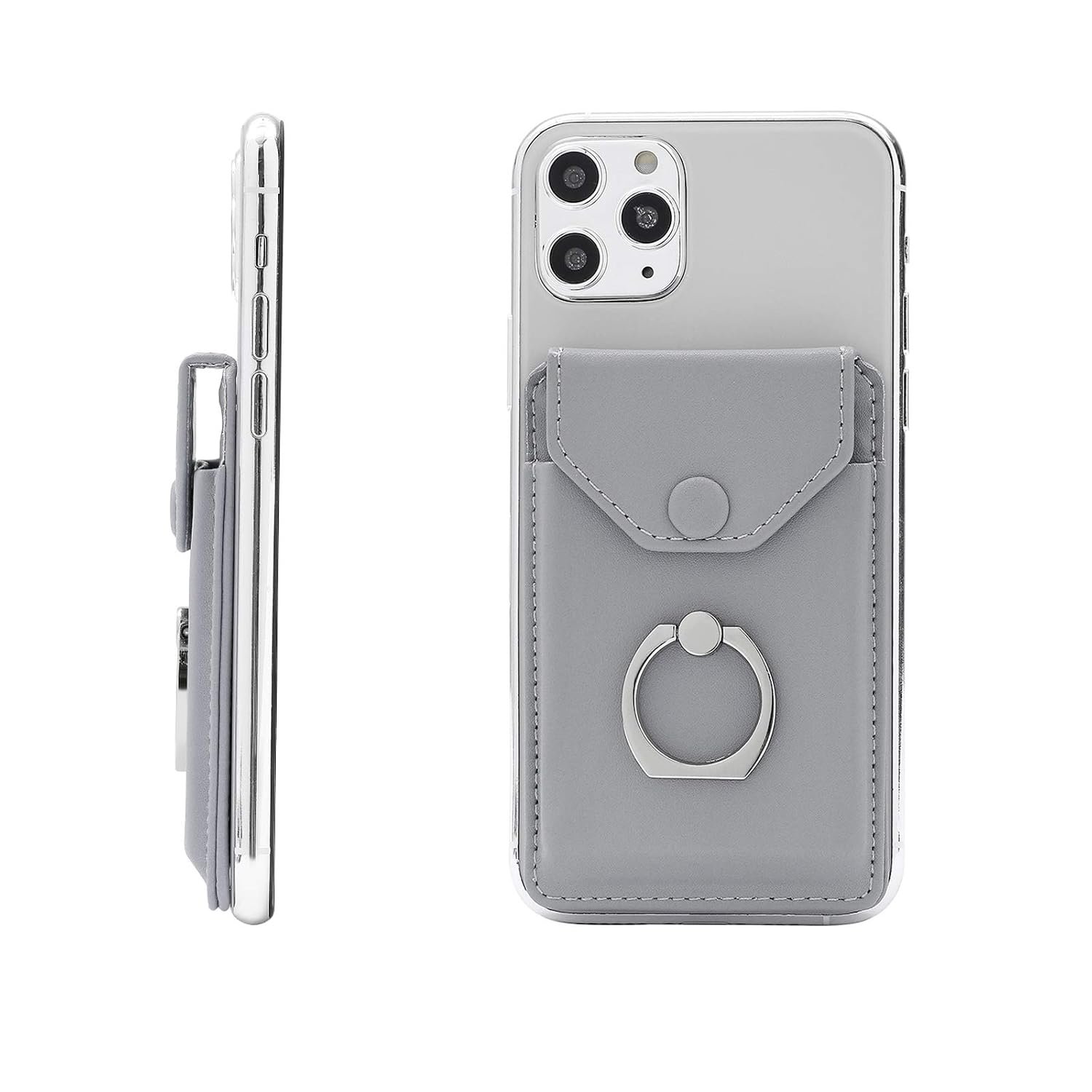 Silicone Cell Phone Card Holder RFID Ring Stand Stick on Wallet Card Holder for Back of Phone for iPhone Android and All Smartphones Adhesive Credit Card Holder for Cell Phone - Light Grey