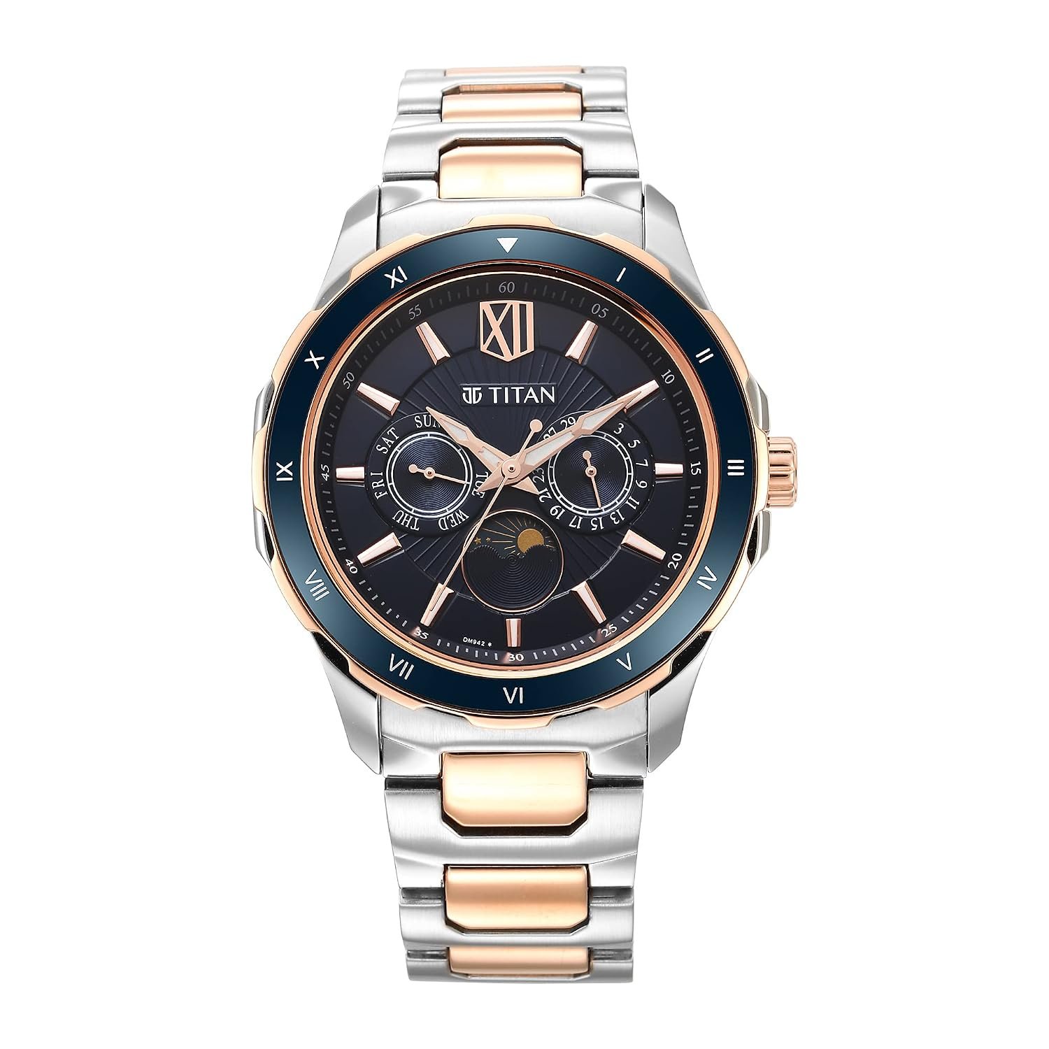 Titan Regalia Premium Quartz Multifunction Navy Blue Dial Two Toned Silver and Rose Gold Stainless Steel Strap Watch for Men - NT1688KM06