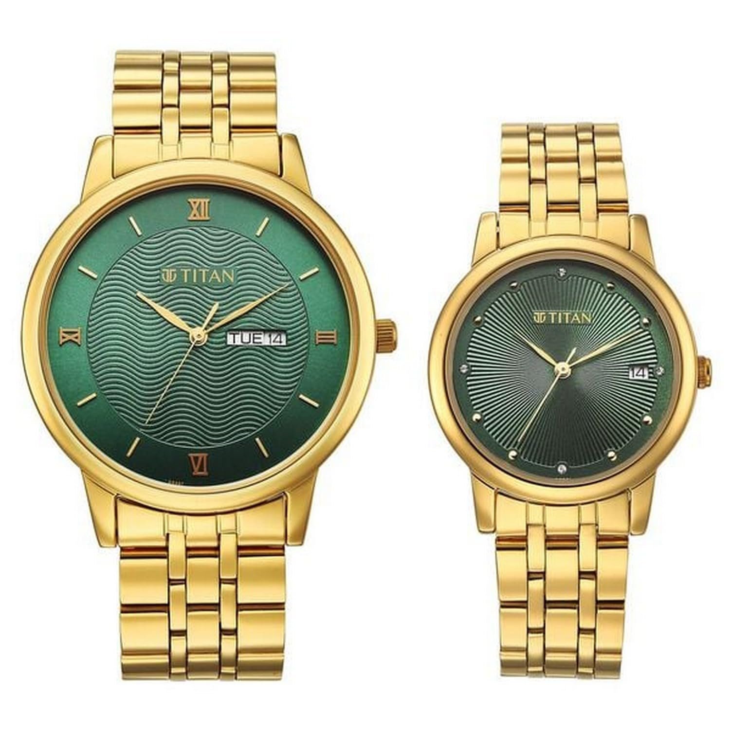 Titan Bandhan Eternal Pair Analog with Date and Green Dial Yellow Gold Stainless Steel Strap Watch for Couples - 19672967YM01