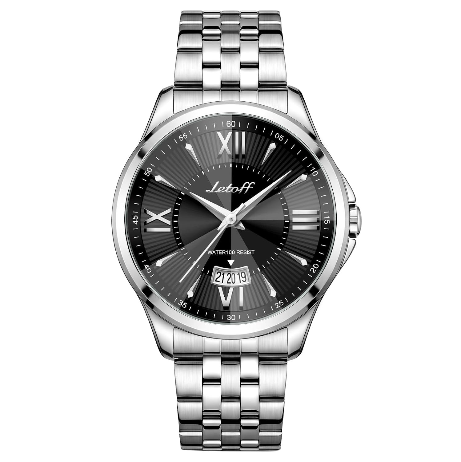 Letoff Men's Analog Watch,Tool-Free Adjustable Clasp, Water Resistant 100ft, Roman Numeral Dial, Stainless Steel Case & Strap, Perfect for Business & Casual Wear