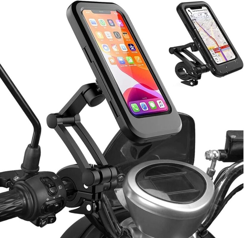 Waterproof Bike Mobile Holder with Aluminum Alloy Base, 360° Rotatable Motorcycle Phone Mount Stand for Handlebar, Anti-Glare Touch-Screen Case for Bicycles, Scooters & Electric Bikes