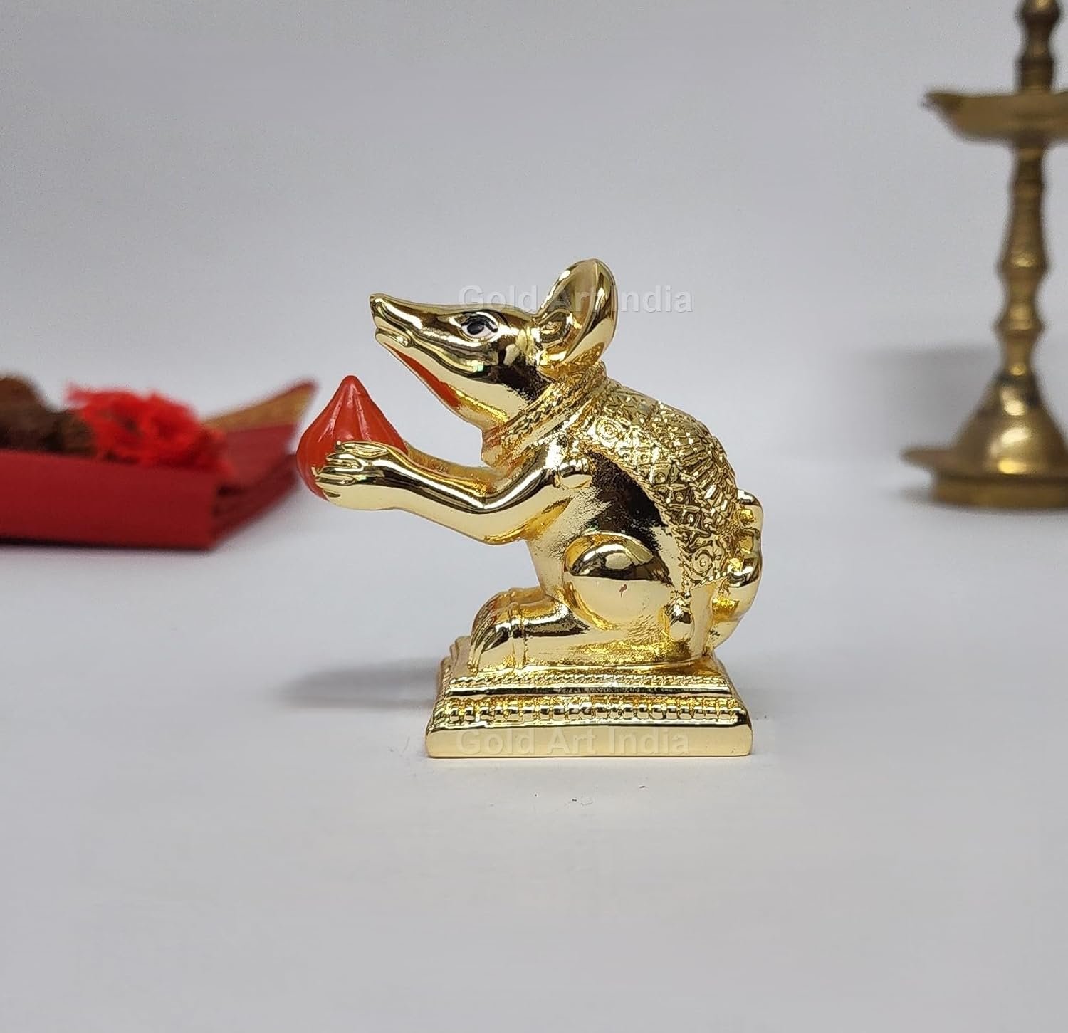 Gold Art India Gold-Plated Mushak (Mooshak) Mouse with Modak | Orange Terracotta Finish | Mouse Idol | Vehicle (Vahana) of Lord Ganesha | 2.5 Inch Height | Home Decor, Mandir Pooja Room, Office Desk