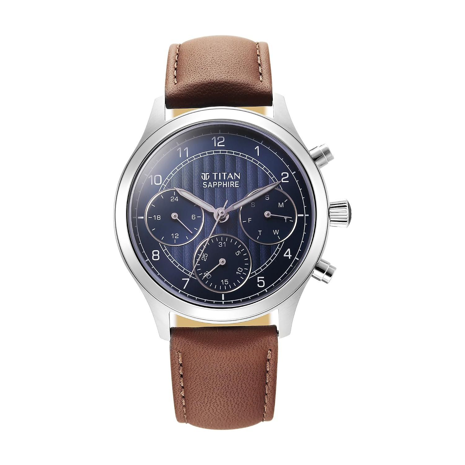 Titan Sapphire Quartz Multifunction Blue Dial Brown Leather Strap Watch for Men - NT1874SL06