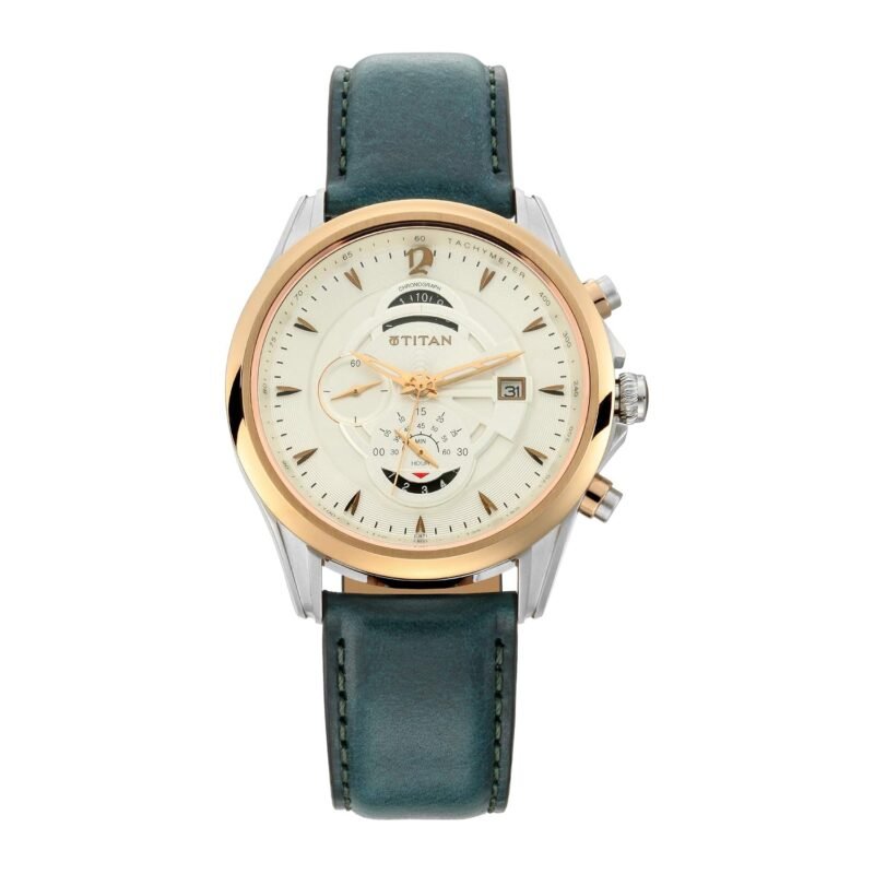 Titan Maritime Quartz Chronograph White Dial Green Leather Strap Chronograph Watch for Men - NT1830KL01