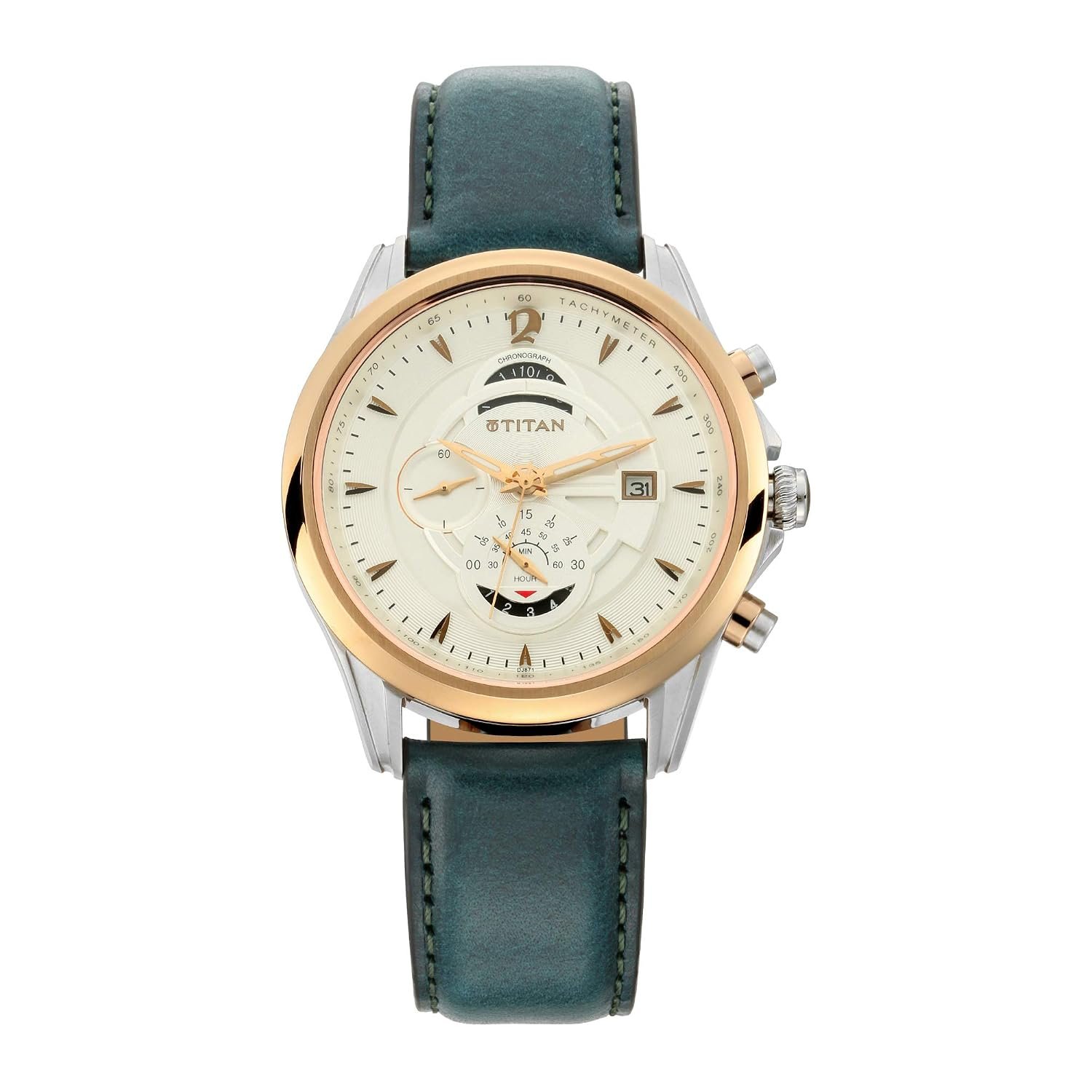 Titan Maritime Quartz Chronograph White Dial Green Leather Strap Chronograph Watch for Men - NT1830KL01