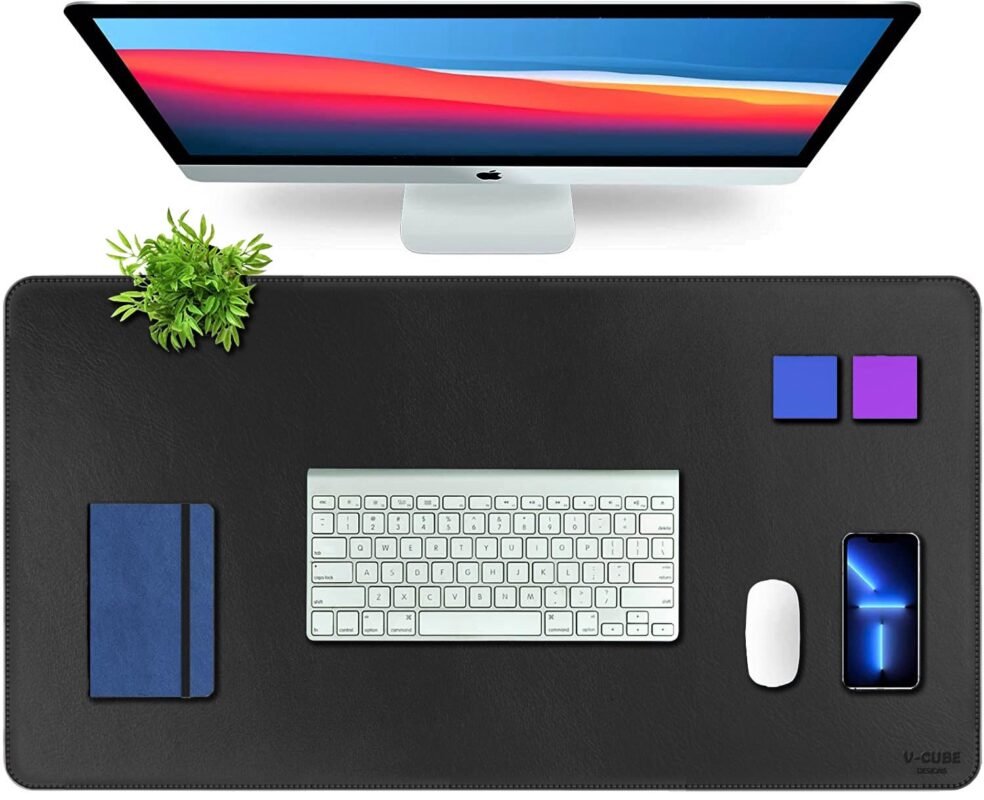 V-CUBE Designs Premium Vegan Leather Desk Mat 90X45cm 2.4mm Thick&Padded|Laptop Mat/Extended Mouse Pad/Stitched, Reversible, Sturdy Deskspread | High Tear/Peel Strength|Anti-Slip,Splash-Proof| Black