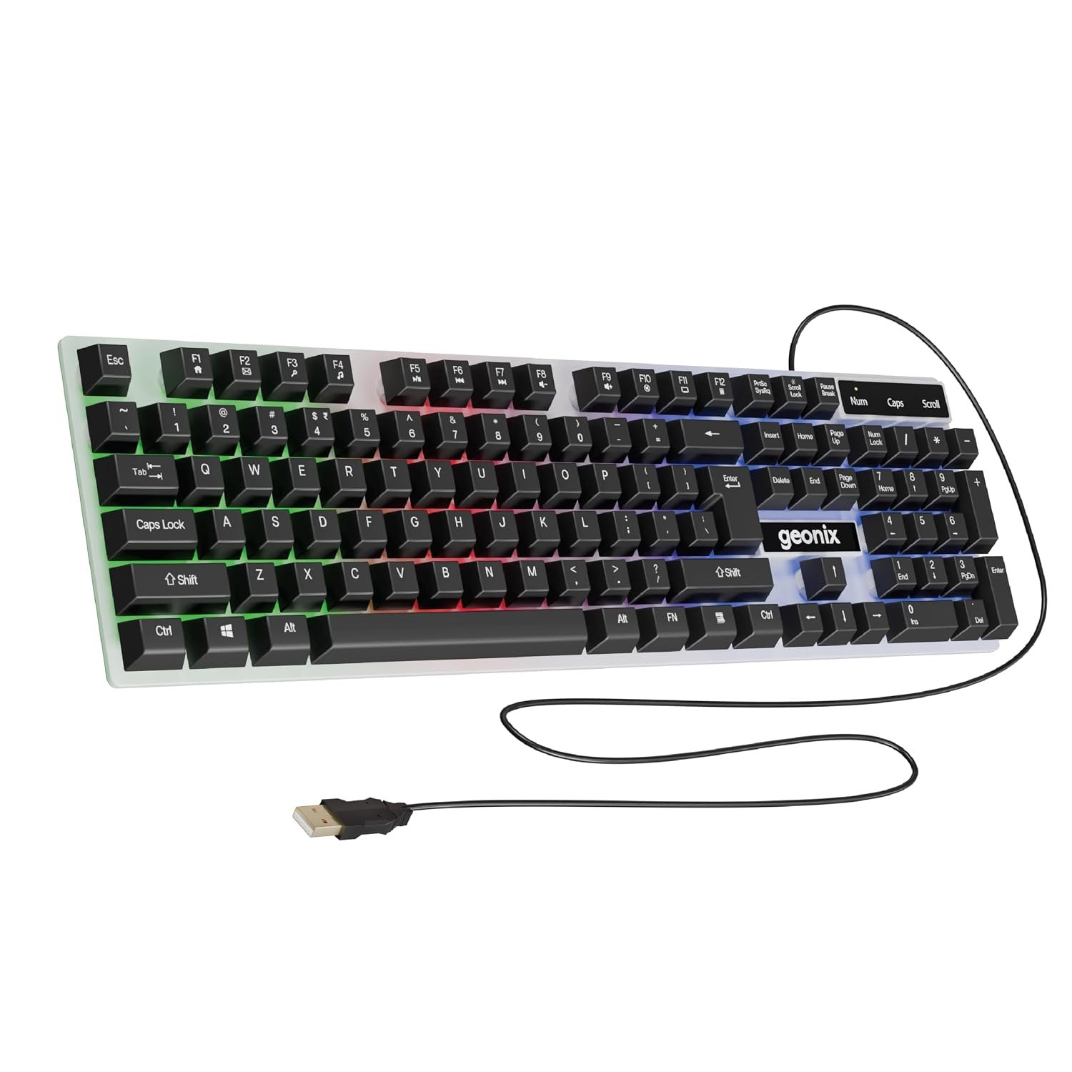 GEONIX Cruiser K5, Wired Gaming Keyboard, 104 Keys, 1.5m Cable, 12 Multimedia Keys, USB Interface, RGB Colour, Plug and Play