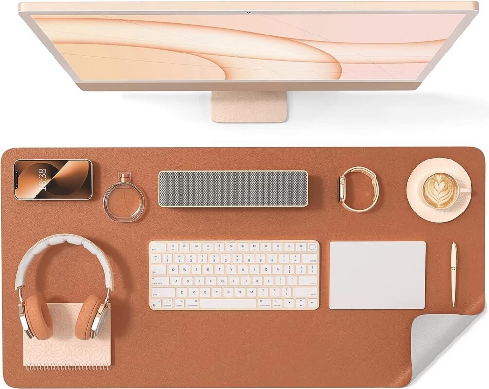 HAGO Premium PU Leather Desk Mat for Office & Home | Reversible Dual-Side Desk Pad (Brown & Grey) | Waterproof Anti-Slip Table Mat – 35×60 CM