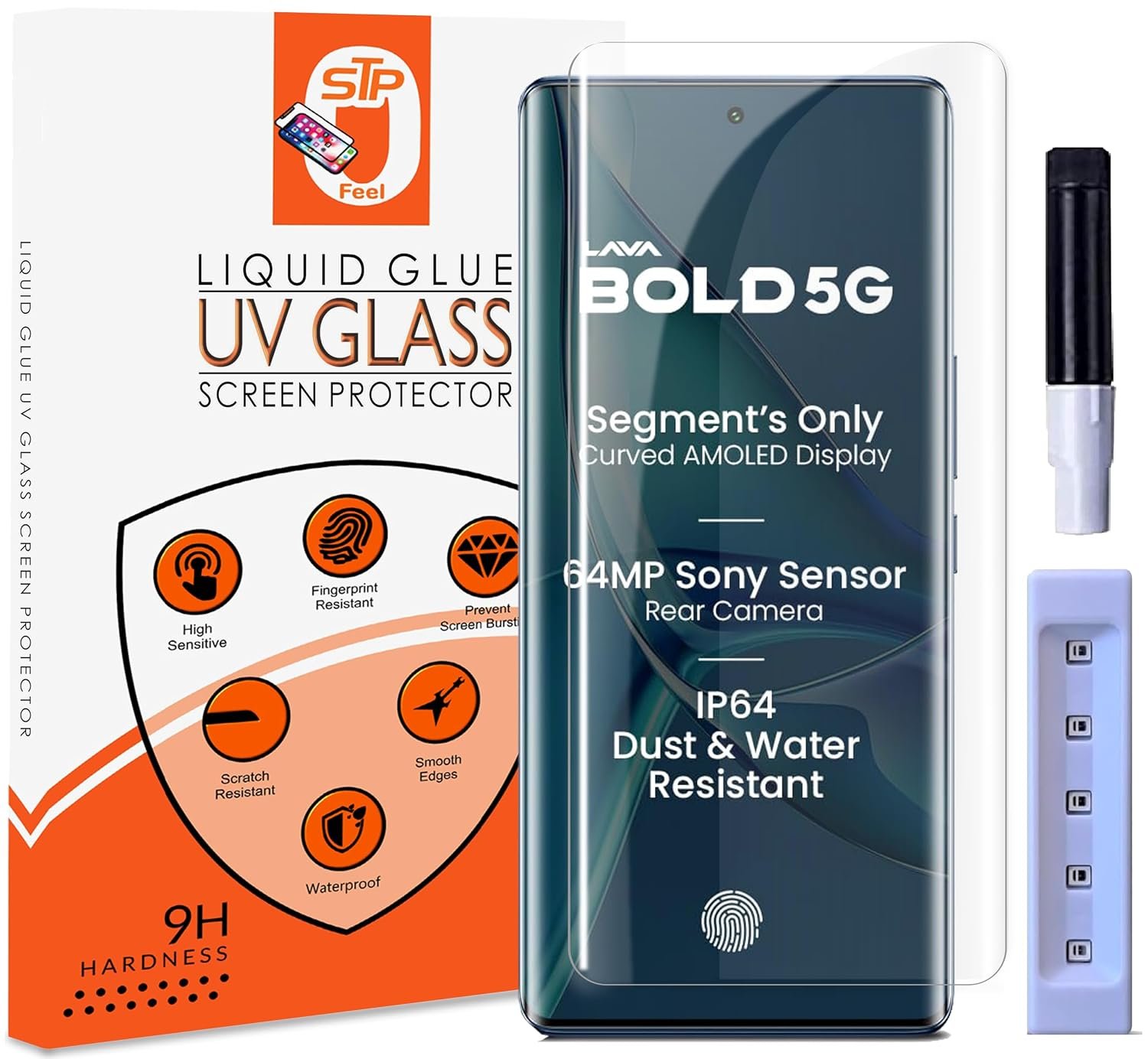 STP FEEL® Premium UV Tempered Glass Screen Protector Guard Compatible For Lava Bold 5G (6.67 Inch, Pack of 1) Full Adhesive UV Curved Case Friendly HD Clarity with easy installation kit for Smartphone