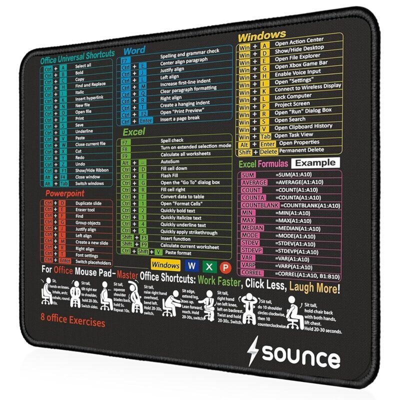 Sounce Excel Shortcut Mouse Pad Waterproof Non-Slip Desk Mat, Small