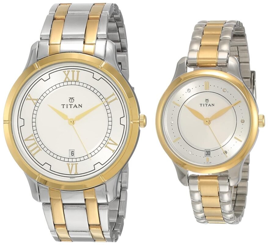 Titan Bandhan Quartz Analog with Date Two Toned Silver & white Dial Two Toned Silver & Gold Stainless Steel Strap Couple Watch - NT17752481BM01