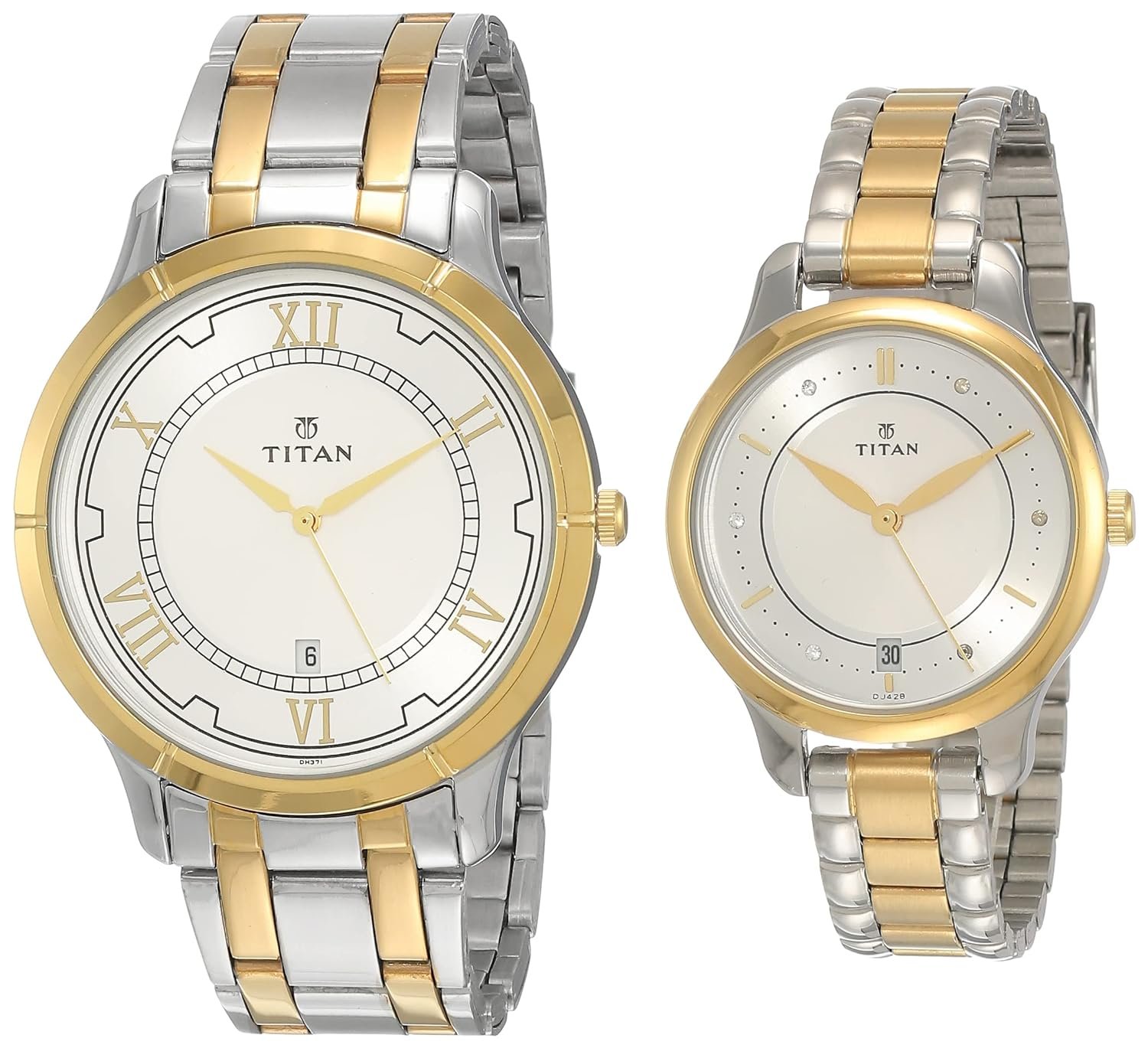 Titan Bandhan Quartz Analog with Date Two Toned Silver & white Dial Two Toned Silver & Gold Stainless Steel Strap Couple Watch - NT17752481BM01