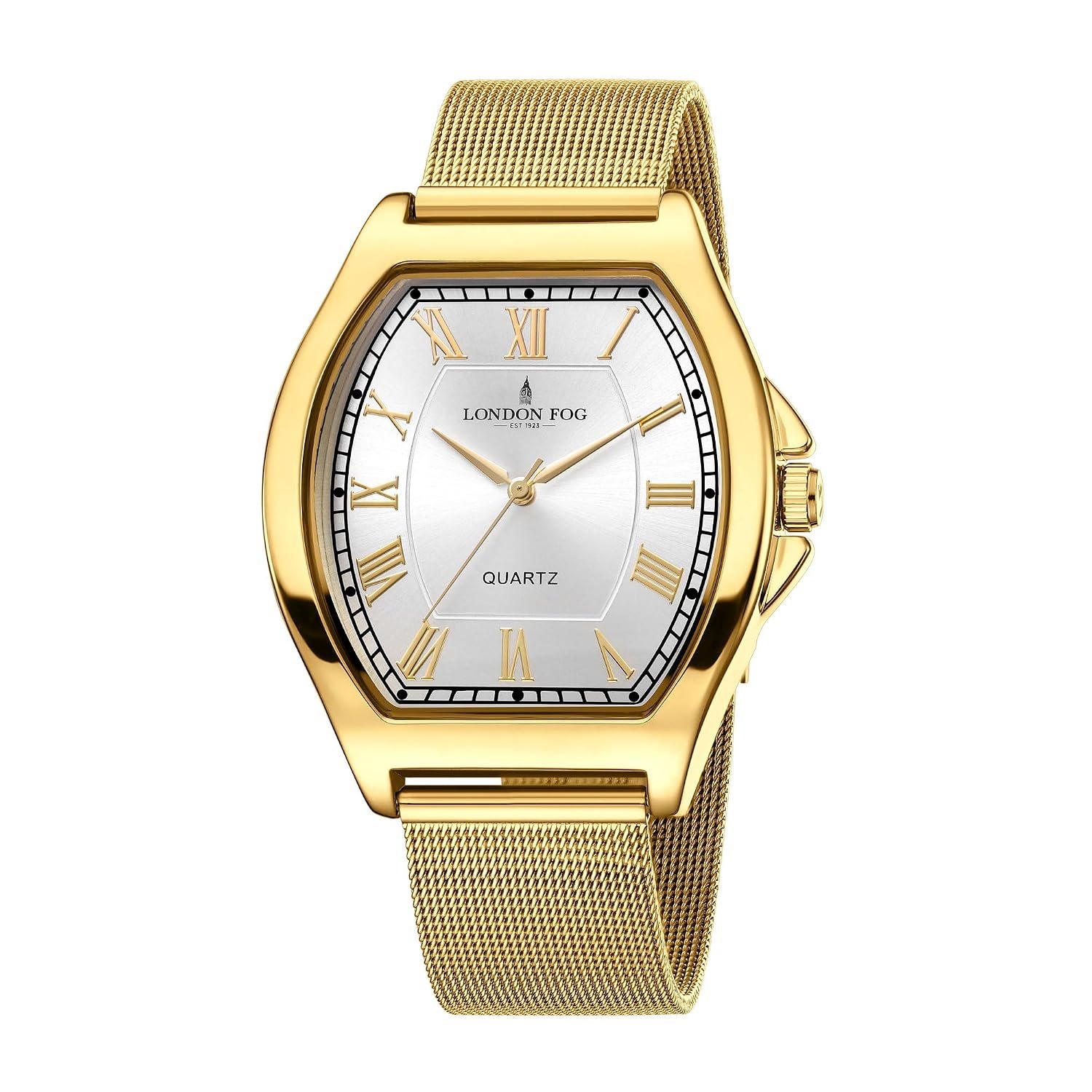 London Fog Notting Hill Collection Analog Watch for Men with Tonneau Dial, Roman Numeral Markers, Quartz Movement and Stainless Steel Mesh Strap - LFM10012
