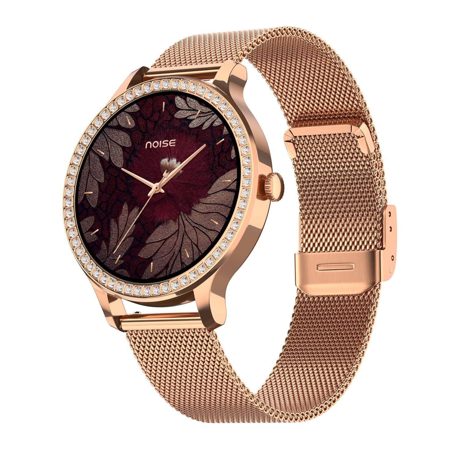 Noise Diva Araya Smartwatch for Women with AMOLED Display (850 Nits), 60 Precision-Set Crystals, Cycle Tracking, Skin Temperature, SOS with Live Location, 100+ Watch Faces - Rose Gold Link