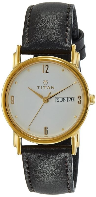 Titan Quartz Analog With Day & Date White Dial Black Leather Strap Watch for Men - NM1445YL04