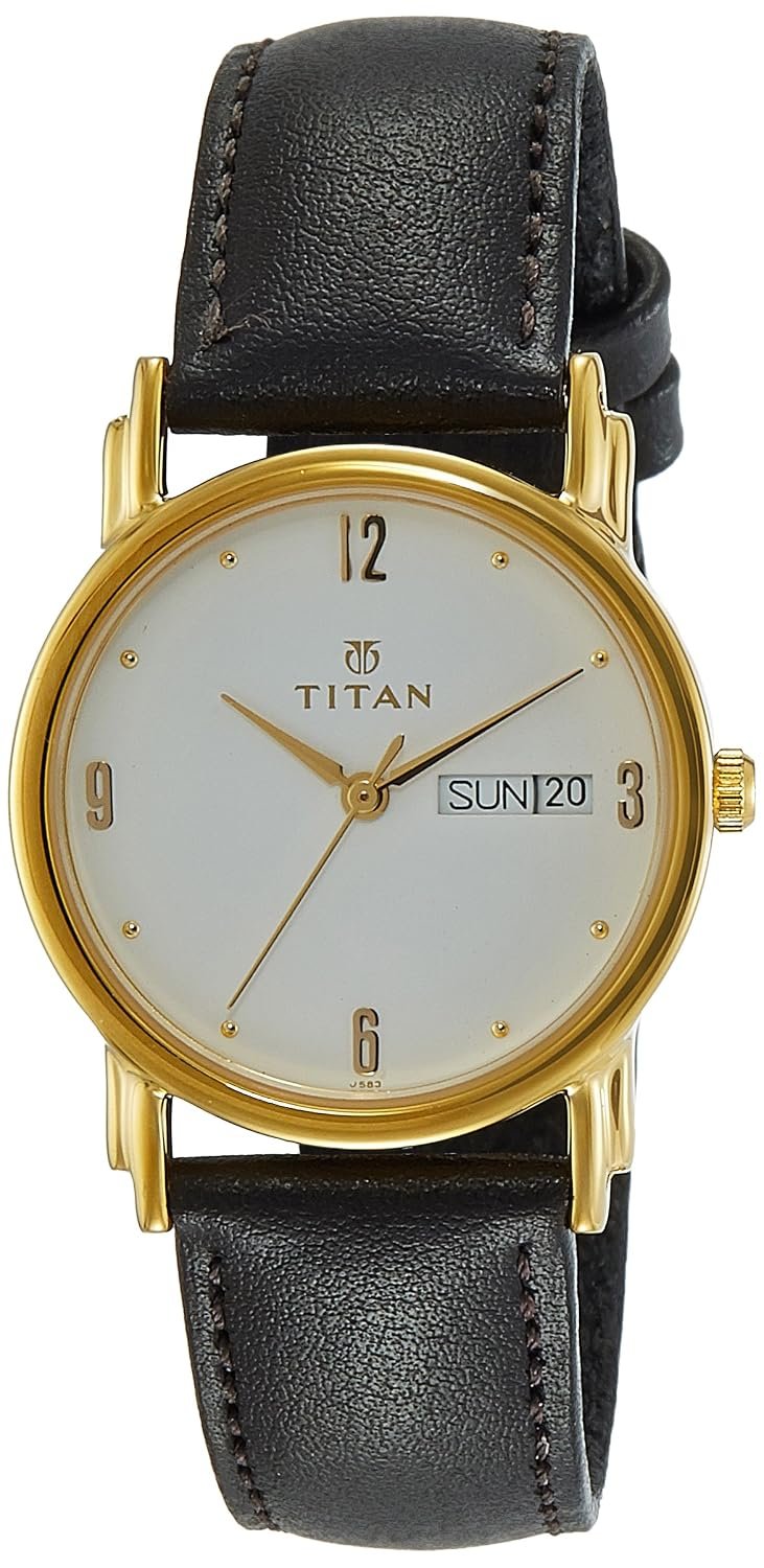 Titan Quartz Analog With Day & Date White Dial Black Leather Strap Watch for Men - NM1445YL04