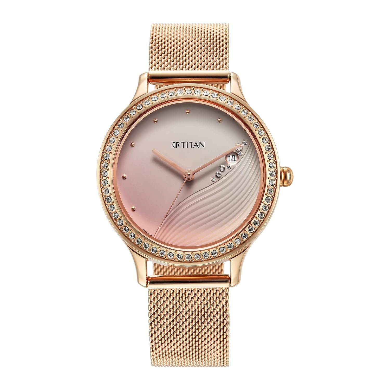 Titan Purple Glam It Up Quartz Analog with Date Pink Dial Rose Gold Stainless Steel Strap Watch for Women - NT2634WM05