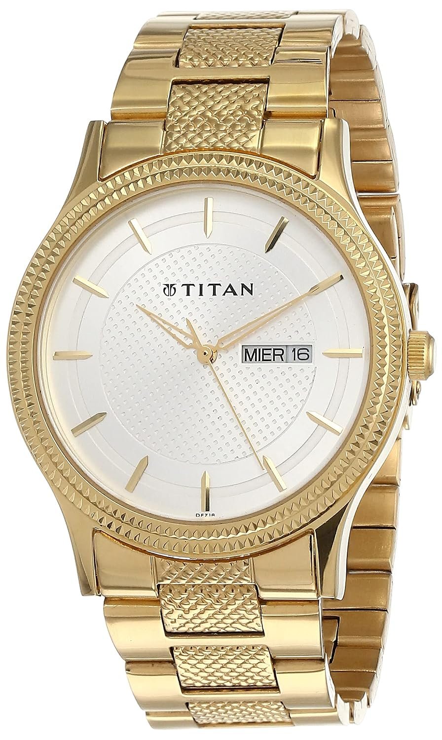 Titan Karishma Quartz Analog with Day and Date White Dial Golden Stainless Steel Strap Watch for Men - NT1650YM05