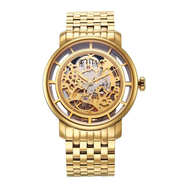 Titan Mechanical Slimline Automatic Gold Dial Gold Stainless Steel Strap Watch for Men - NT90158YM01