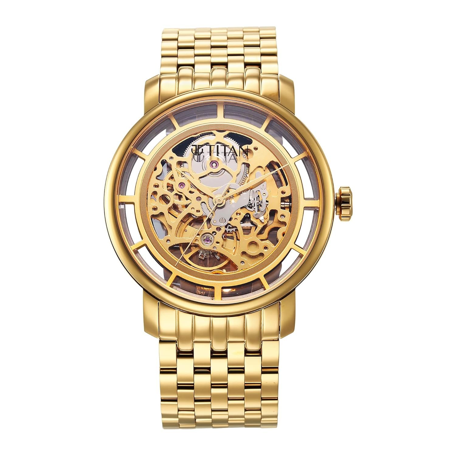 Titan Mechanical Slimline Automatic Gold Dial Gold Stainless Steel Strap Watch for Men - NT90158YM01