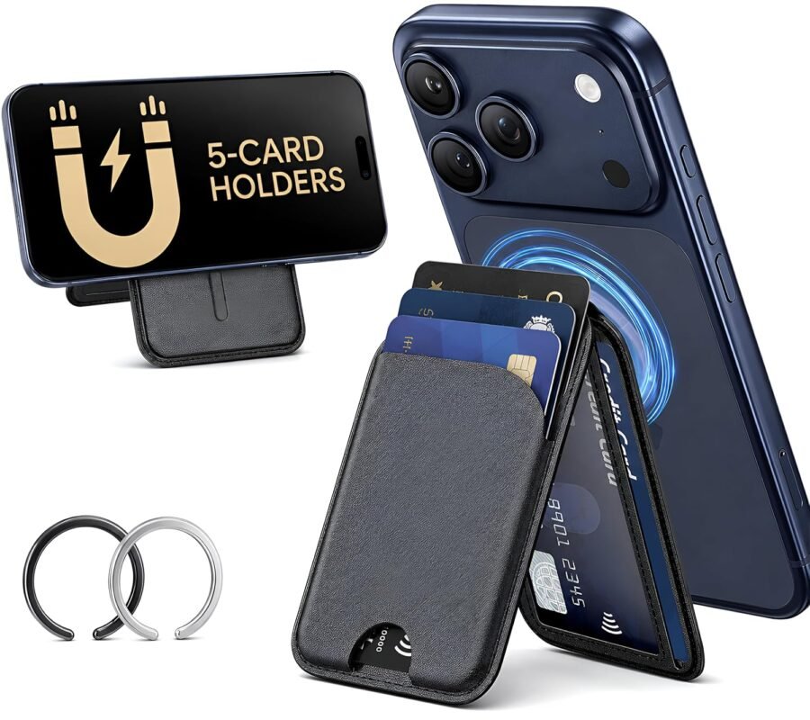 Meyaar Magnetic Wallet for iPhone & Android | MagSafe Card Holder with 2 Adhesive Metal Rings | 5 Card Holder for MagSafe Cases & Android Phones | Vegan Leather (Black)