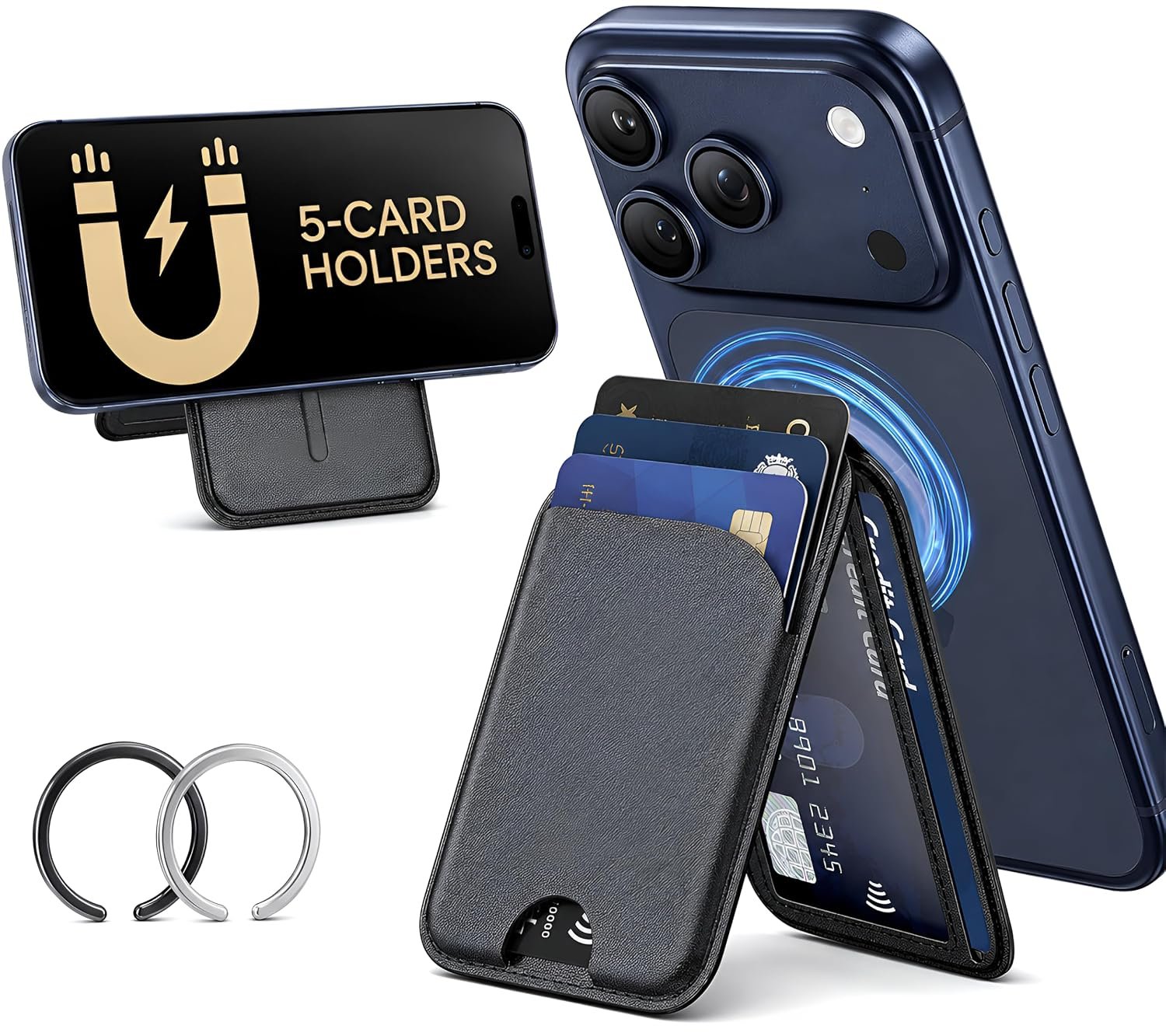 Meyaar Magnetic Wallet for iPhone & Android | MagSafe Card Holder with 2 Adhesive Metal Rings | 5 Card Holder for MagSafe Cases & Android Phones | Vegan Leather (Black)