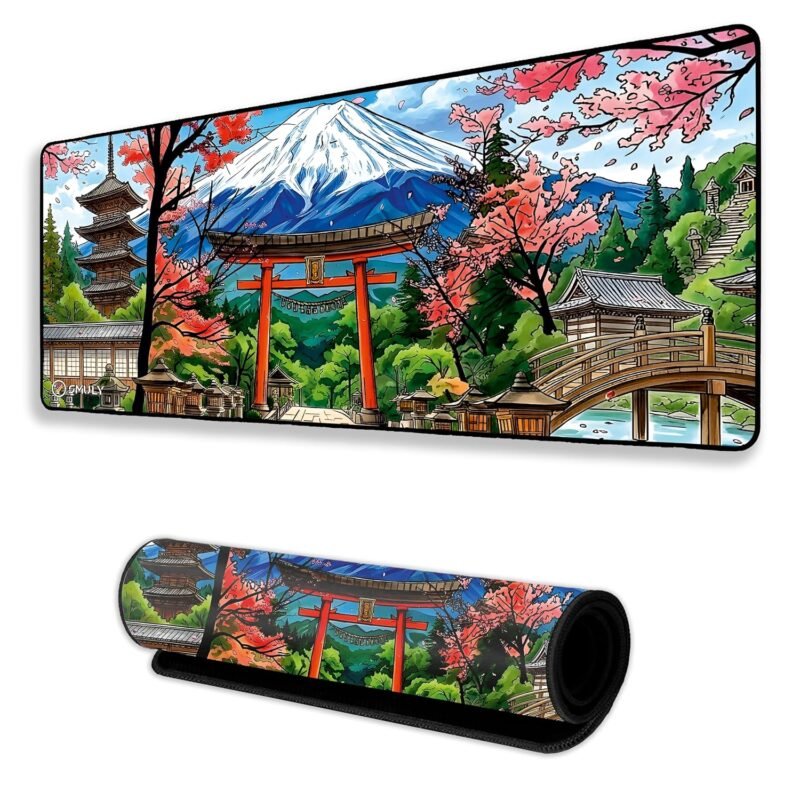 Japanese Mountain Inspired Large Desk Mat, Extended Mouse Pad 58.5x28cm, Desk Pad, Washable Mousepad, 2mm Thick Non-Slip Rubber Base, Stitched Edges for Office, Home & Workstation (Multicolour)