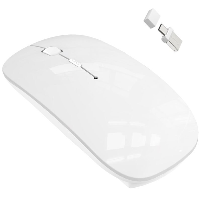 Bluetooth Wireless Mouse for MacBook Air Mac Pro Laptop iPad PC Rechargeable, Mini Slim, Silent, Laser Optical, Bluetooth 2.4G USB-A USB-C Receiver, White