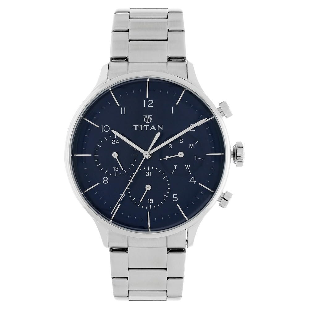 Titan On Trend Quartz Multifunction Midnight Blue Dial Silver Stainless Steel Strap Watch for Men - NT90102SM01