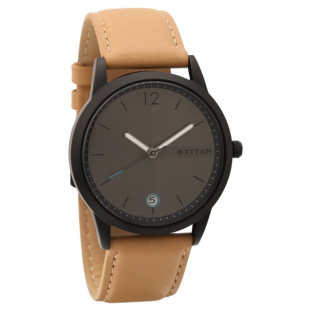 Titan Quartz Analog With Date Anthracite Dial Tan Leather Strap Watch for Men - NP1806NL01