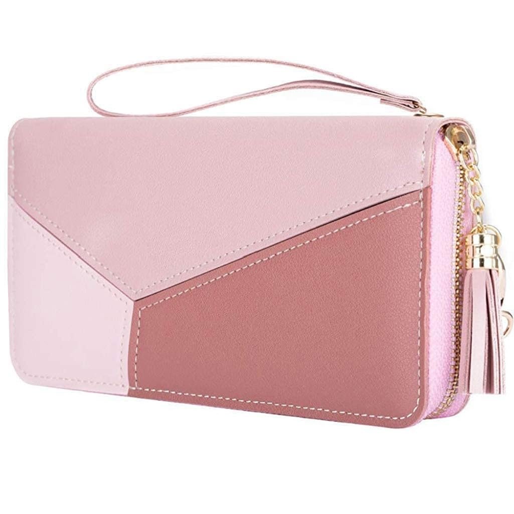 Women Long Wallet Purse with Wrist Strap, Zip Around Clutch Wallet, 3 Color Panel Design, Card Holder, Phone Pocket Style Organizer, Tassel Zipper Wallet for Ladies, Girls, Daily Use