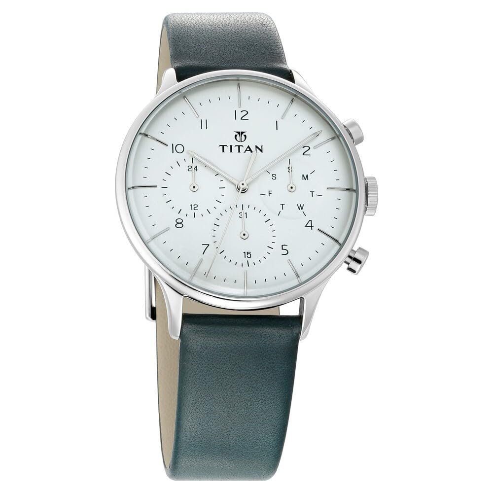 Titan On Trend Quartz Multifunction White Dial Dark Teal Green Leather Strap Watch for Men - NT90102SL03