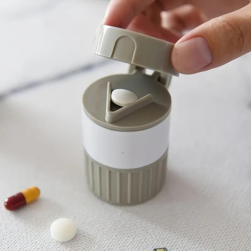 4-in-1 Pill Crusher & Splitter with Round Pill Organizer | Tablet Cutter, Powder Grinder & Medicine Storage Case for Home & Travel