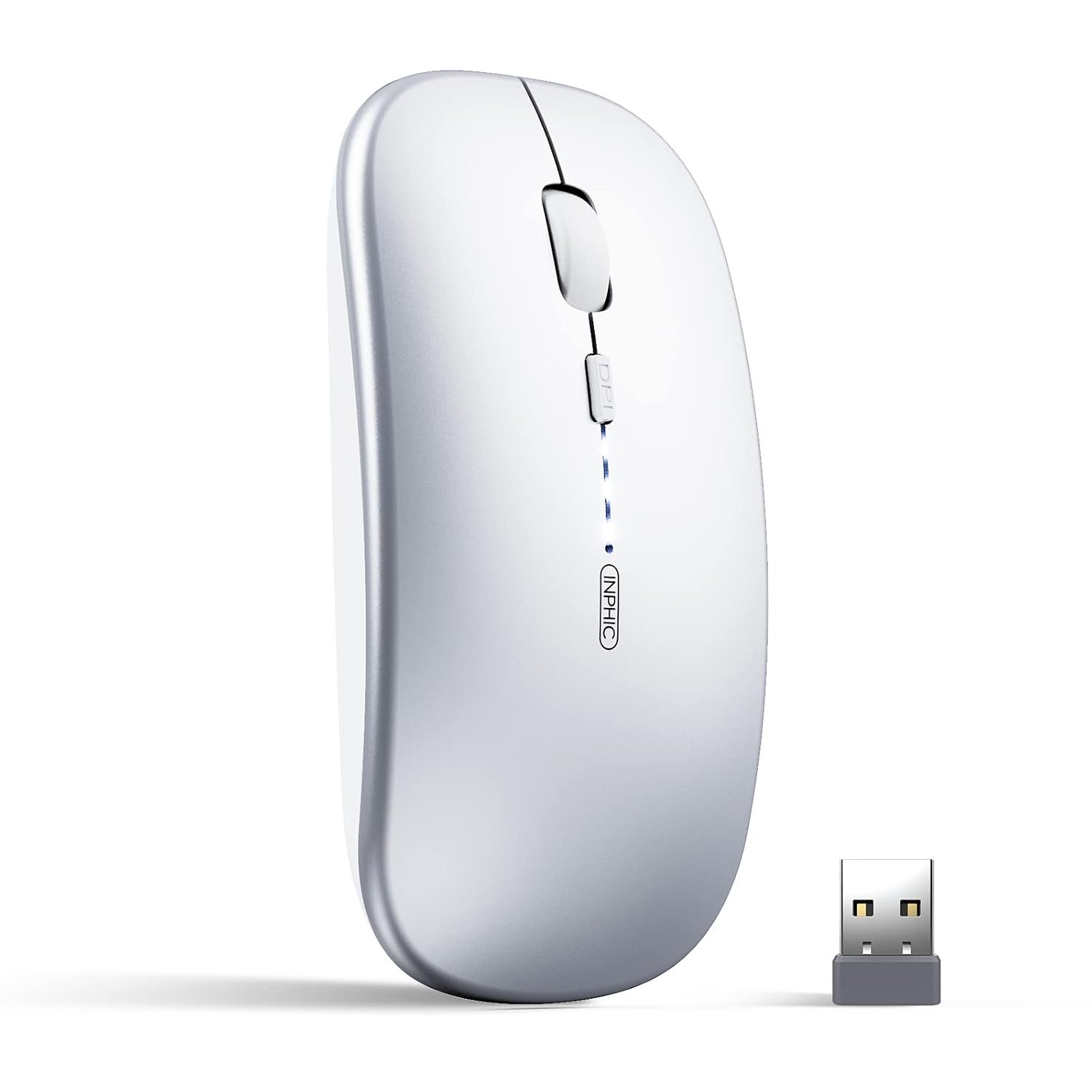 inphic Tri-Mode Slim Silent Rechargeable Bluetooth 5.0/3.0 Plus 2.4G Wireless 1600DPI Portable Mouse for Laptop PC Computer, Android, Windows MacBook, Silver