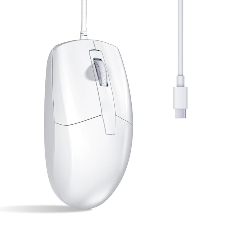 USB C Wired Mouse, Type C Optical Mouse, Portable Silent Comfortable, for Laptop, Mac, MacBook, Android, PC, White