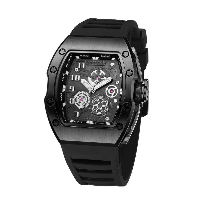 Giordano Square Analog Casual Sporty Watch for Men – Mechanical-Inspired Design dial, Quartz Movement, Silicon Strap and Date Display Function - GZ-50150