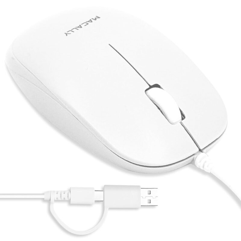 Macally USB Wired Computer Mouse with 3 Button, Scroll Wheel, 5 Foot Long Corded, Compatible with Windows PC, Apple MacBook Pro/Air, iMac, Mac Mini, Laptops (White)