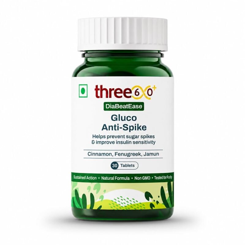 three60+ Gluco Anti-Spike Tablets with Fenugreek, Cinnamon, Jamun & Neem, Clinically Researched Blood Sugar & Diabetes Support | Natural, Gluten Free, Non-GMO | Pure Vegetarian| 30 Tablets per Pack (Pack of 1)