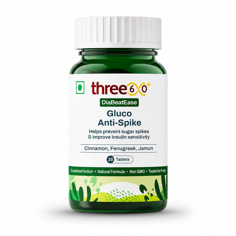 three60+ Gluco Anti-Spike Tablets with Fenugreek, Cinnamon, Jamun & Neem, Clinically Researched Blood Sugar & Diabetes Support | Natural, Gluten Free, Non-GMO | Pure Vegetarian| 30 Tablets per Pack (Pack of 1)
