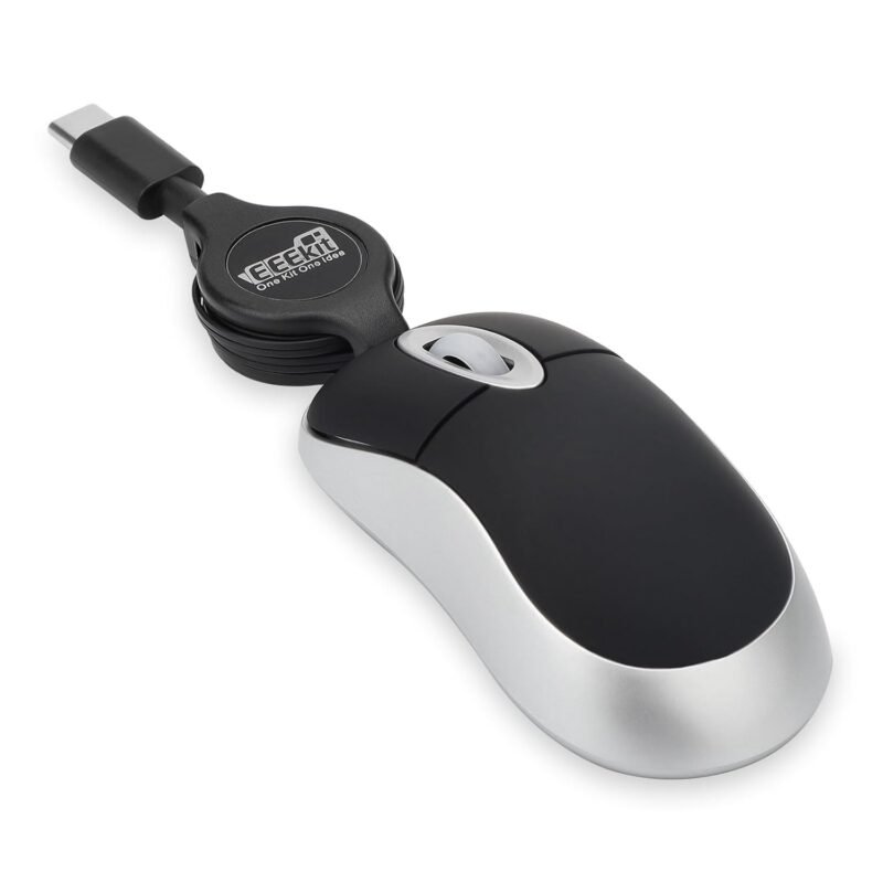 EEEKit Mini Wired USB C Mouse, 3-Button Retractable Corded Mouse Optical Computer Mice for Laptop PC MacBook iPad Smartphones, Black