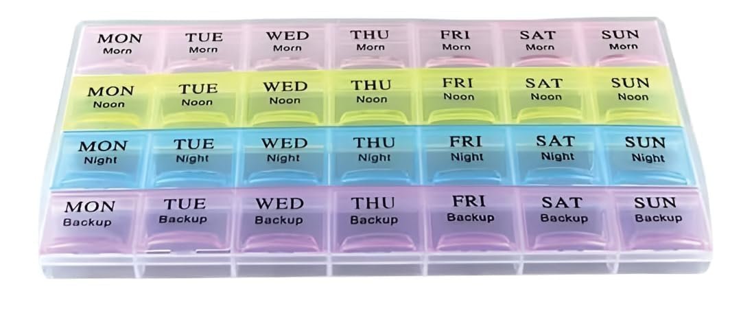7 Day Weekly Pill Box | Durable Medicine Organizer Box with 4-Time Daily Compartments (Morning, Afternoon, Evening, Night) | Multicolour BPA-Free | Moisture-Free Portable Medicine Storage Case