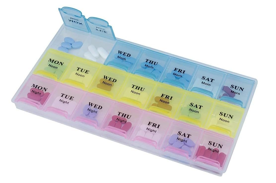 Pill Medicine Organizer Box with Reminder | Weekly Storage Container | Plastic, Durable, BPA-free | 7 Day Variations | Pack of 1 (21days)