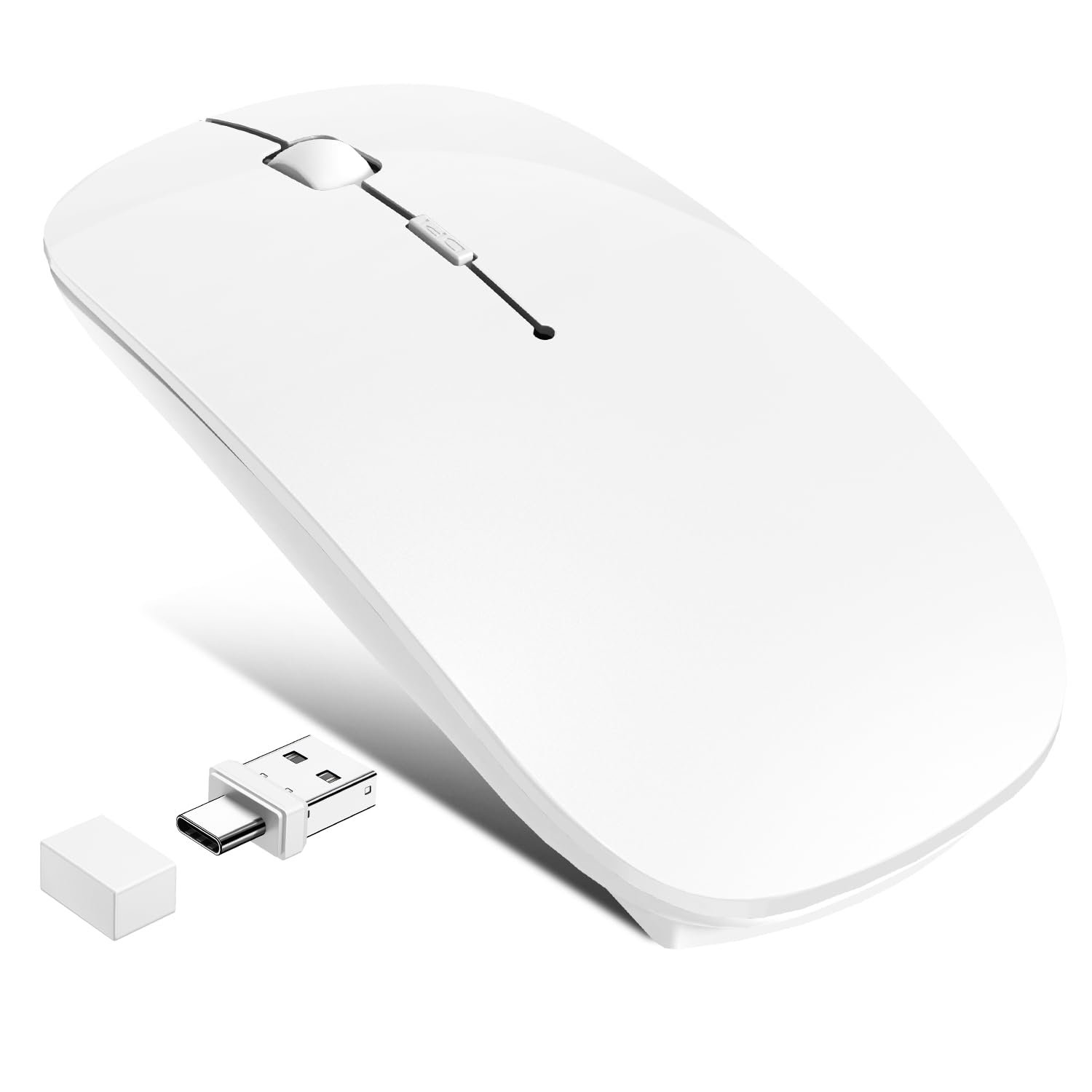 Bluetooth Wireless Mouse for MacBook Air iPad Pro Phone Computer Laptop, Slim Rechargeable Mice with Jiggler Mode, Silent 2 Mode (BT 5.2/3.0 & USB-A/USB-C Receiver) Type-C Travel White Mouse