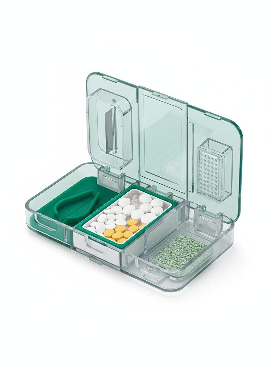 Travel Pill Organizer Box with Pill Cutter & Crusher | 3 in 1 Medicine Storage Case Multicolour