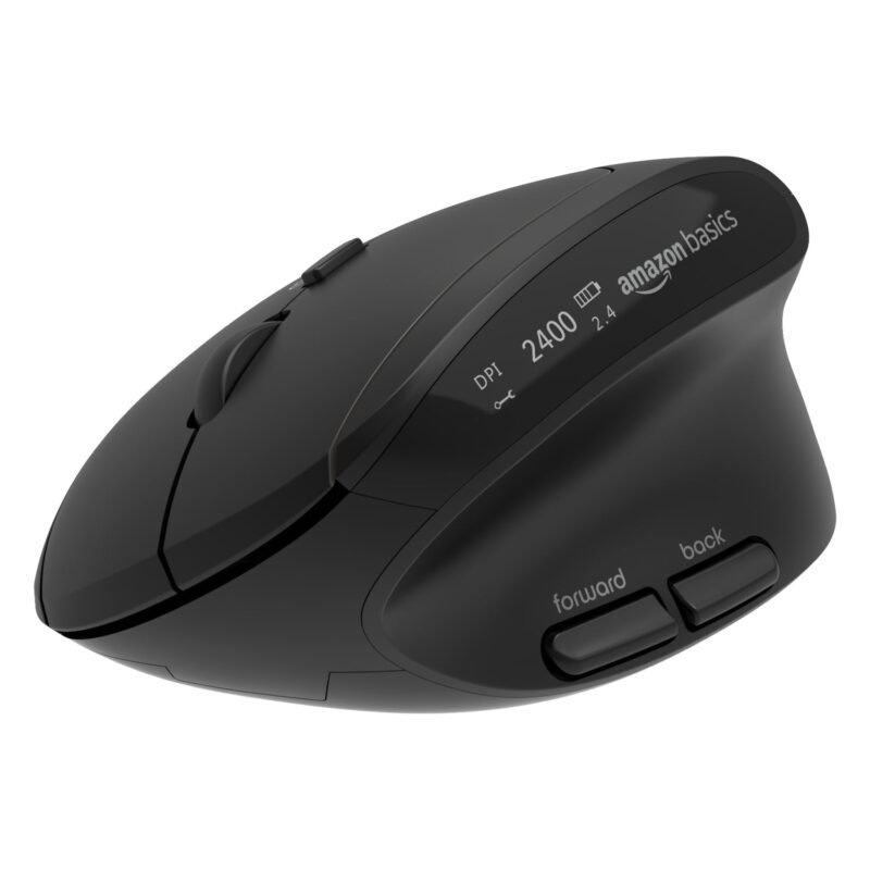 amazon basics Pro Series 800 mAh 2.4 GHz Ergonomic Wireless Mouse for PC, Mac, Laptop | Dual 5.0 Bluetooth Mode | 4 Adjustable DPI Settings Up to 2400 | Shortcut Buttons | Multi Device Usage (Black)