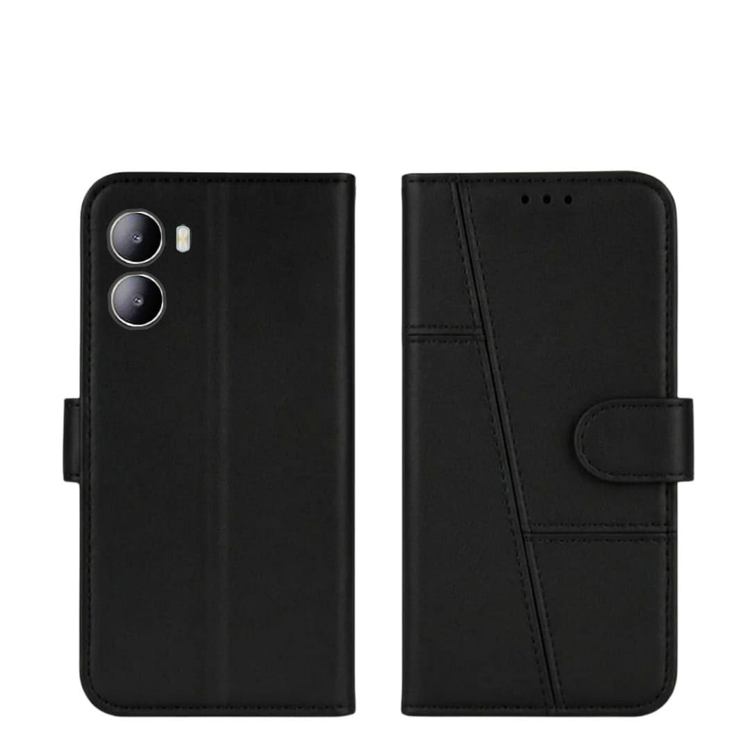 Flip Cover Wallet Case for Poco C85X, Premium Leather, with Card Holder & Magnetic Lock (Black)