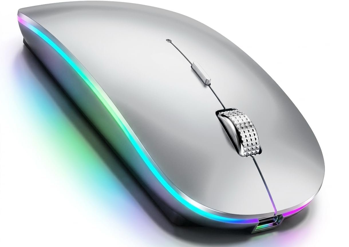 Offbeat Dash 2.4GHz Wireless + Bluetooth 5.1 +5.0 Mouse, Multi-Device Tripel Mode Type C Rechargeable Silent Click Buttons Wireless Bluetooth Mouse 3 Adjustable DPI, Works on 3 Devices (Silver)